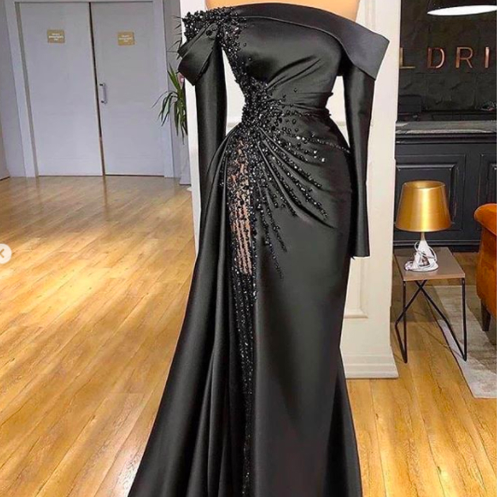Long Sleeve Prom Dress, Vintage Prom Dress, Beaded Prom Dresses, Black Prom Dress, Satin Dress, Robe De Cocktail, Abendkleider Luxus 2023,