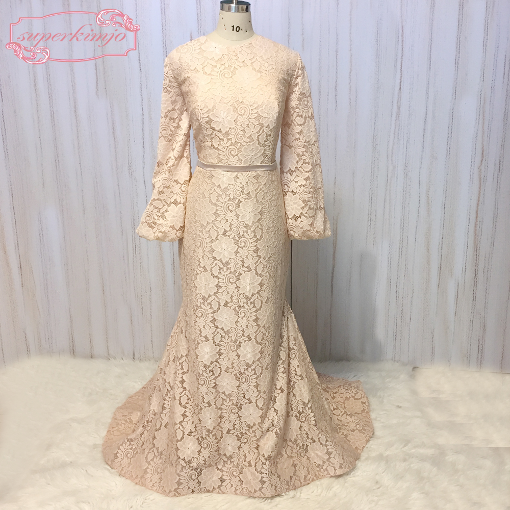 Champagne Evening Dress, Flare Sleeve Evening Dress, Lace Applique Evening Dress, Modest Evening Dress, Mermaid Evening Dress, Formal Dress,