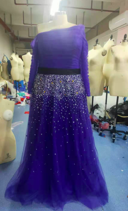 Royal Blue Prom Dress, Beaded Prom Dress, Plus Size Prom Dress, Tulle Prom Dress, Long Sleeve Prom Dress, Elegant Prom Dress, Arabic Prom Dress,