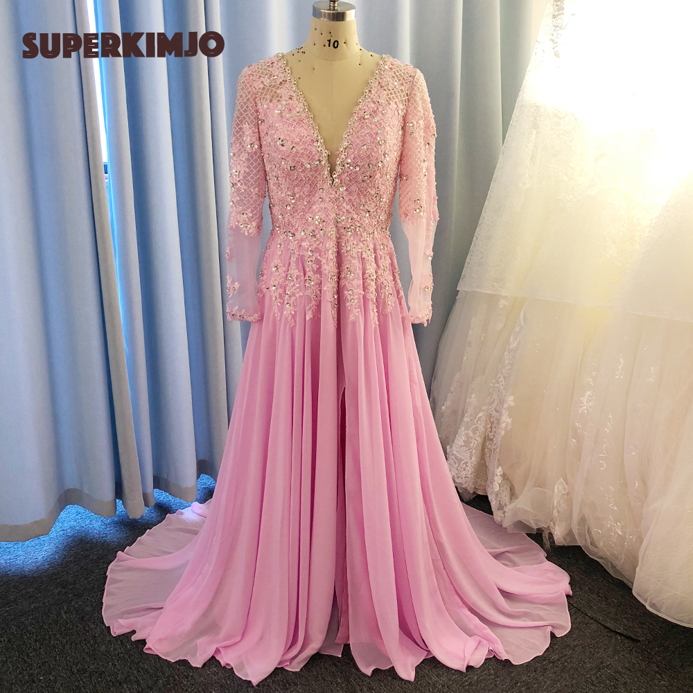Pink Prom Dresses, V Neck Long Sleeve Prom Dress, Lace Applique Prom Dress, Beaded Prom Dress, Chiffon Prom Dress, Robe De Soiree, Vestidos De