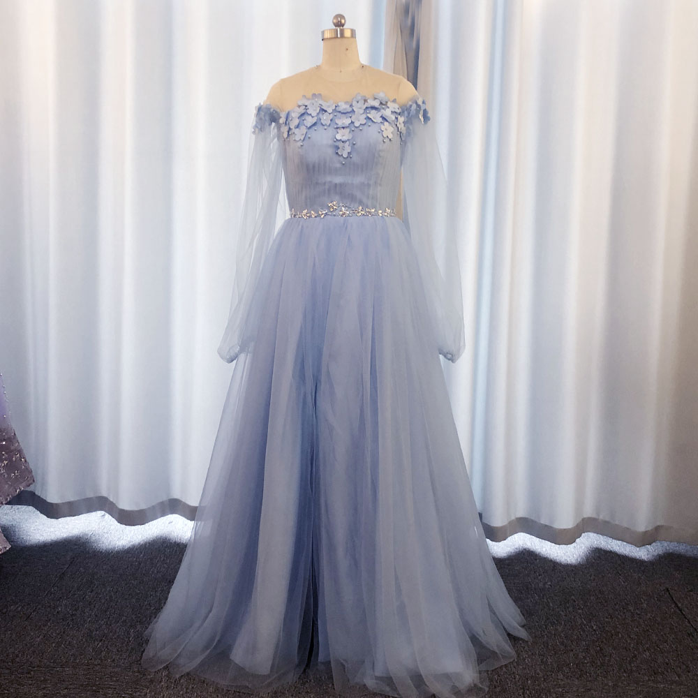 Blue Prom Dresses, Beaded Prom Dress, Long Sleeve Prom Dress, Robe De Soiree, Elegant Prom Dress, Prom Gown, 3d Flower Prom Dress, Vestido De
