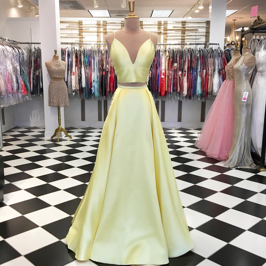 Yellow Prom Dress, 2 Piece Prom Dress, Satin Prom Dress, Prom Gown, Vestido De Longo, Prom Dress, Simple Prom Dresses, Spaghetti Strap Prom