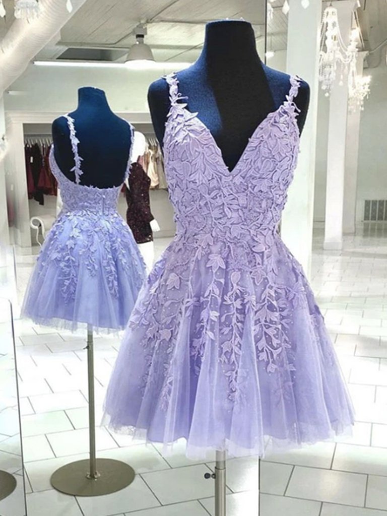 Purple Prom Dress, Short Prom Dresses, Lace Applique Prom Dress, Lilac Prom Dress, A Line Prom Dress, Knee Length Prom Dress, Spaghetti Strap