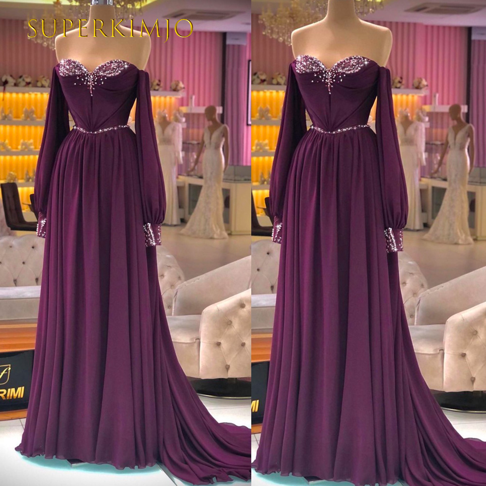 Purple Prom Dresses, Chiffon Prom Dress, Beaded Prom Dress, Long Sleeve Prom Dress, A Line Prom Dress, Off The Shoulder Prom Dress, Long Prom