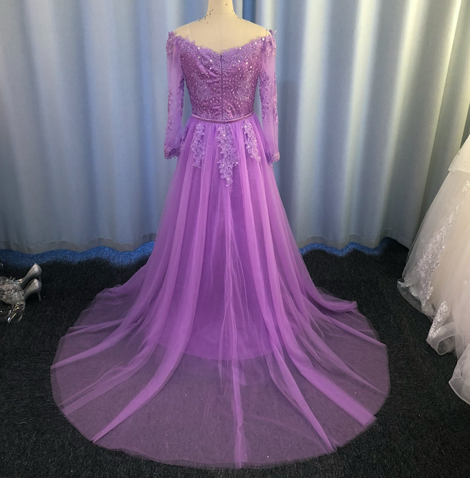 Purple Prom Dress, Detachable Skirt Prom Dress, Beaded Prom Dress, Off The Shoulder Prom Dress