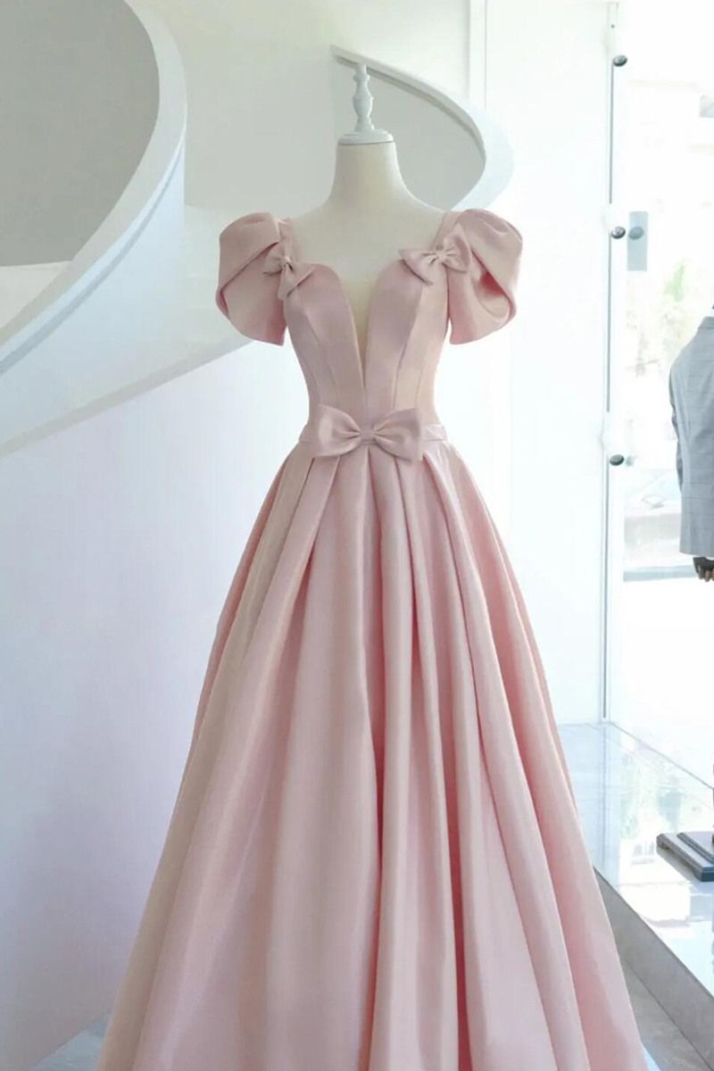 Pink Prom Dress, Short Sleeve Prom Dresses, Vintage Prom Dresses, A Line Prom Dress, Satin Prom Dress, Modest Prom Dresses, Elegant Prom Dresses,