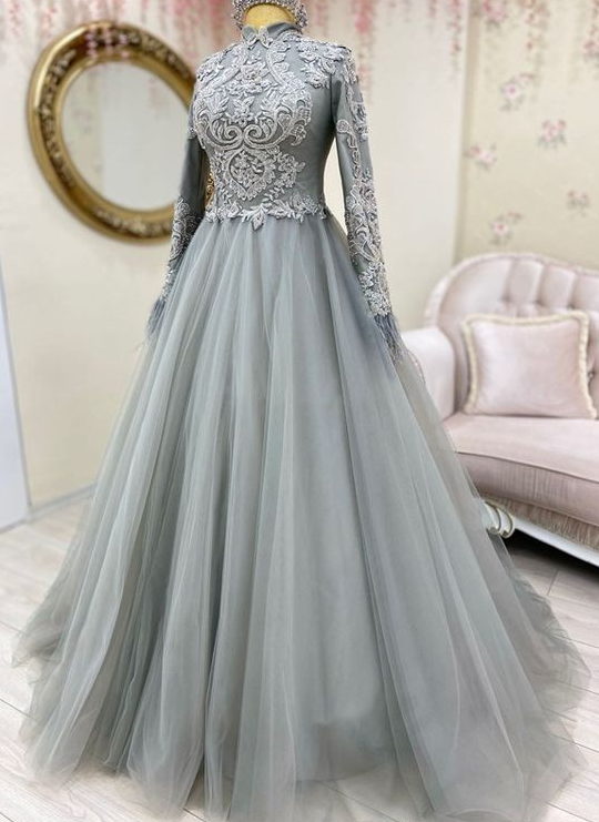High Neck Prom Dress, Vintage Prom Dresses, Gray Prom Dress, Lace Applique Prom Dress, Elegant Prom Dresses, Vestidos De Fiesta, Robe De Bal,