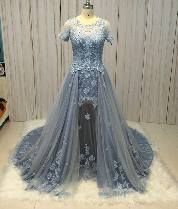 Gray Prom Dress, Prom Dresses 2023, Lace Applique Prom Dress, Detachable Skirt Prom Dress, Beaded Prom Dress, 2024 Prom Dress, Vestidos De