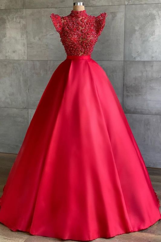 Red Prom Dress, Cap Sleeve Prom Dress, Lace Applique Prom Dress, Tulle Prom Dress, Elegant Prom Dress, Prom Dresses 2024, Vestido De Fiesta,