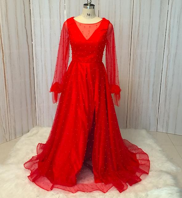 Red Prom Dresses, Long Sleeve Prom Dress, Beaded Prom Dresses, Elegant Prom Dresses, Vestidos De Fiesta, A Line Prom Dress, Prom Gown, Vestido De