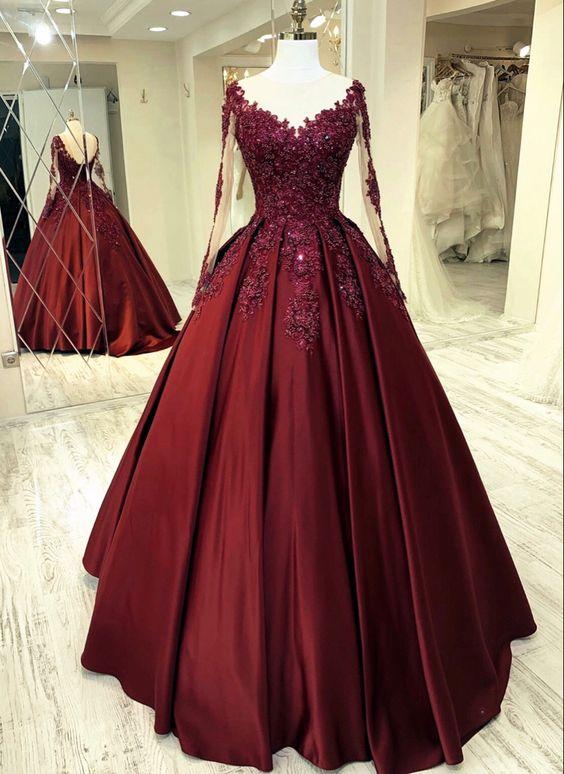 Burgundy Prom Dresses, Luxury Prom Dress, Long Sleeve Prom Dress, 2024 Prom Dress, Satin Prom Dress, Robe De Soiree, Vestido De Graduacion,