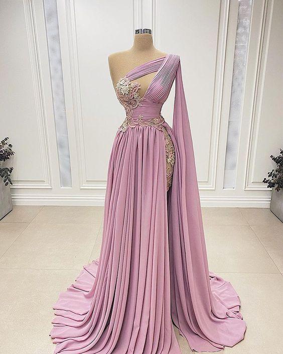A Line Prom Dress, One Shoulder Prom Dress, Chiffon Prom Dress, Pink Prom Dress, Evening Party Dress, 2024 Prom Dress, Lace Applique Prom Dress,