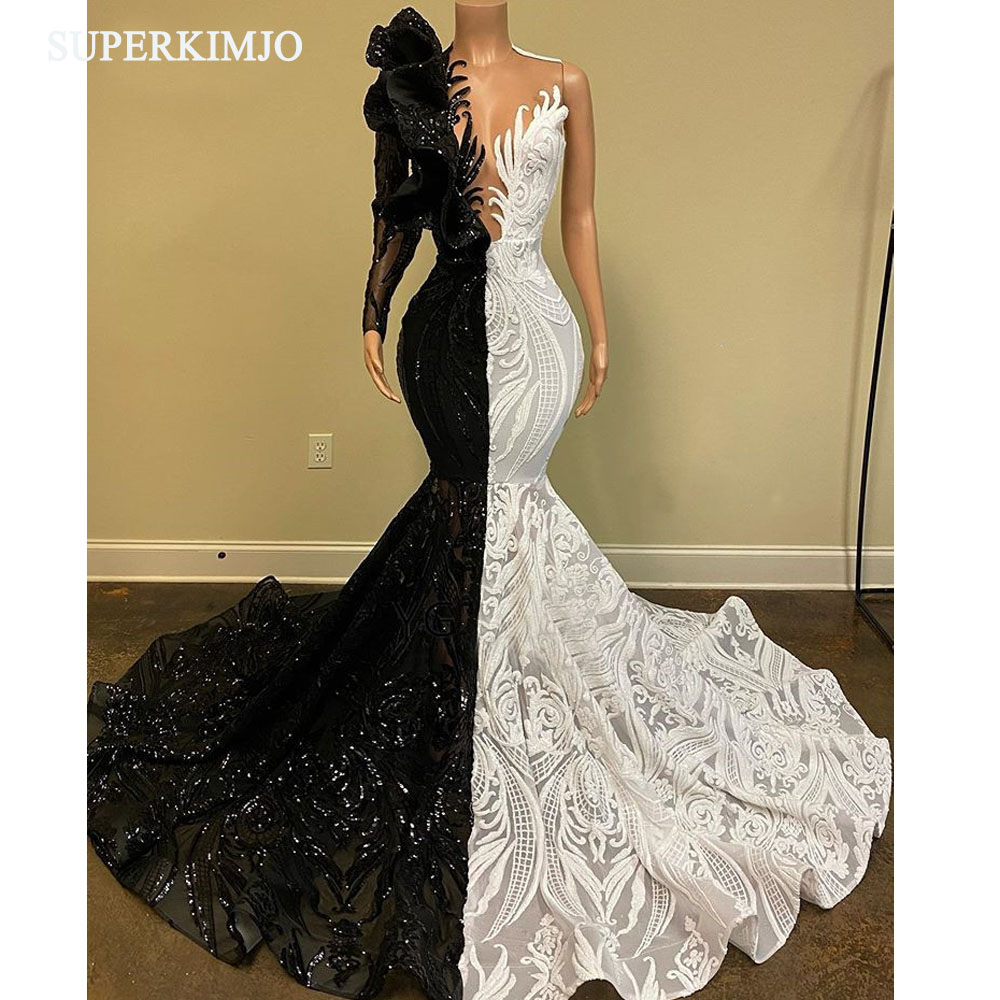 YESIDO Bridal Chic Lace Applique Evening Dress, Robe de Soiree, Vestidos de Noche, Black and White Evening Dress, Formal Party Dresses, Modest Evening Dress