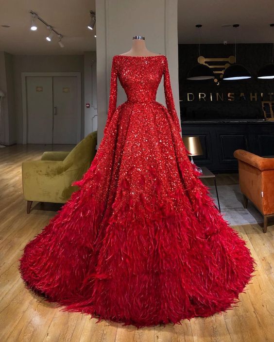 Luxury Prom Dress, Red Prom Dresses, Glitter Dress, Feather Prom Dress, Elegant Prom Dresses, Sparkly Prom Dress, Prom Ball Gown, Robe De Soirée