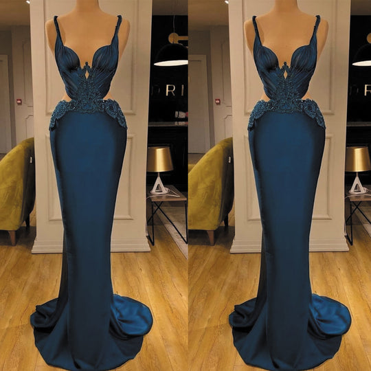Vestidos De Noche Modest Evening Dresses Long Lace Applique Mermaid Elegant Teal Blue Formal Party Dresses Robe De Soiree