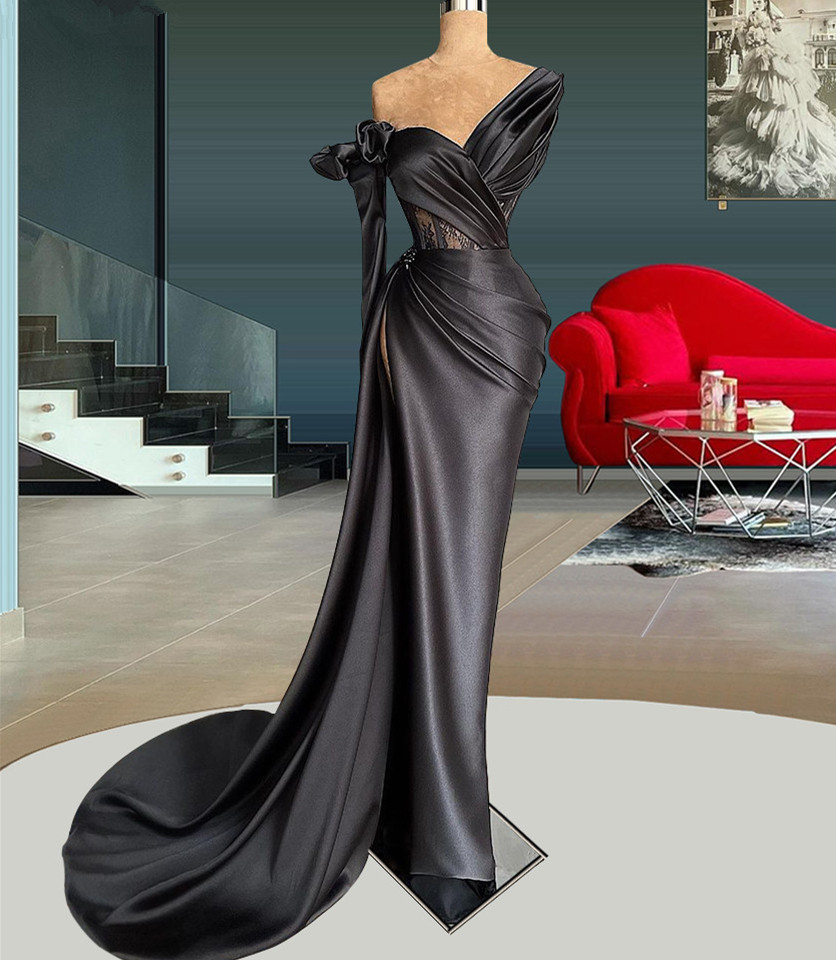 Vestidos De Boda Invitada, Black Evening Dress, Formal Party Dress, Lace Applique Evening Dress, Modest Evening Dress, Simple Evening Dress,