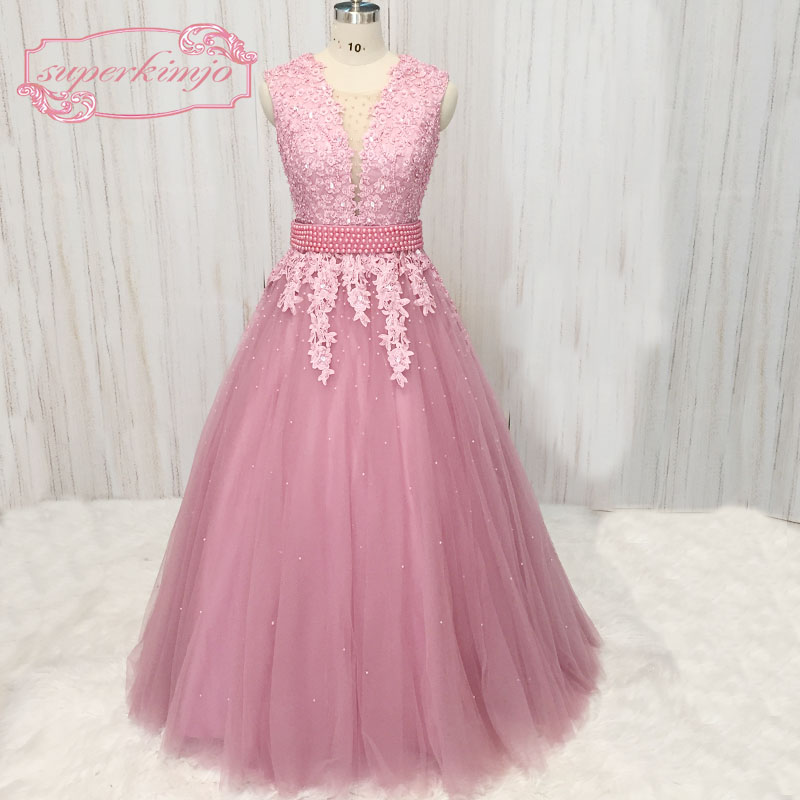 Dusty Pink Prom Dresses, Lace Applique Prom Dresses, Beaded Prom Dress, Tulle Dresses, Elegant Prom Dress, Abendkleider, Prom Dresses 2024,