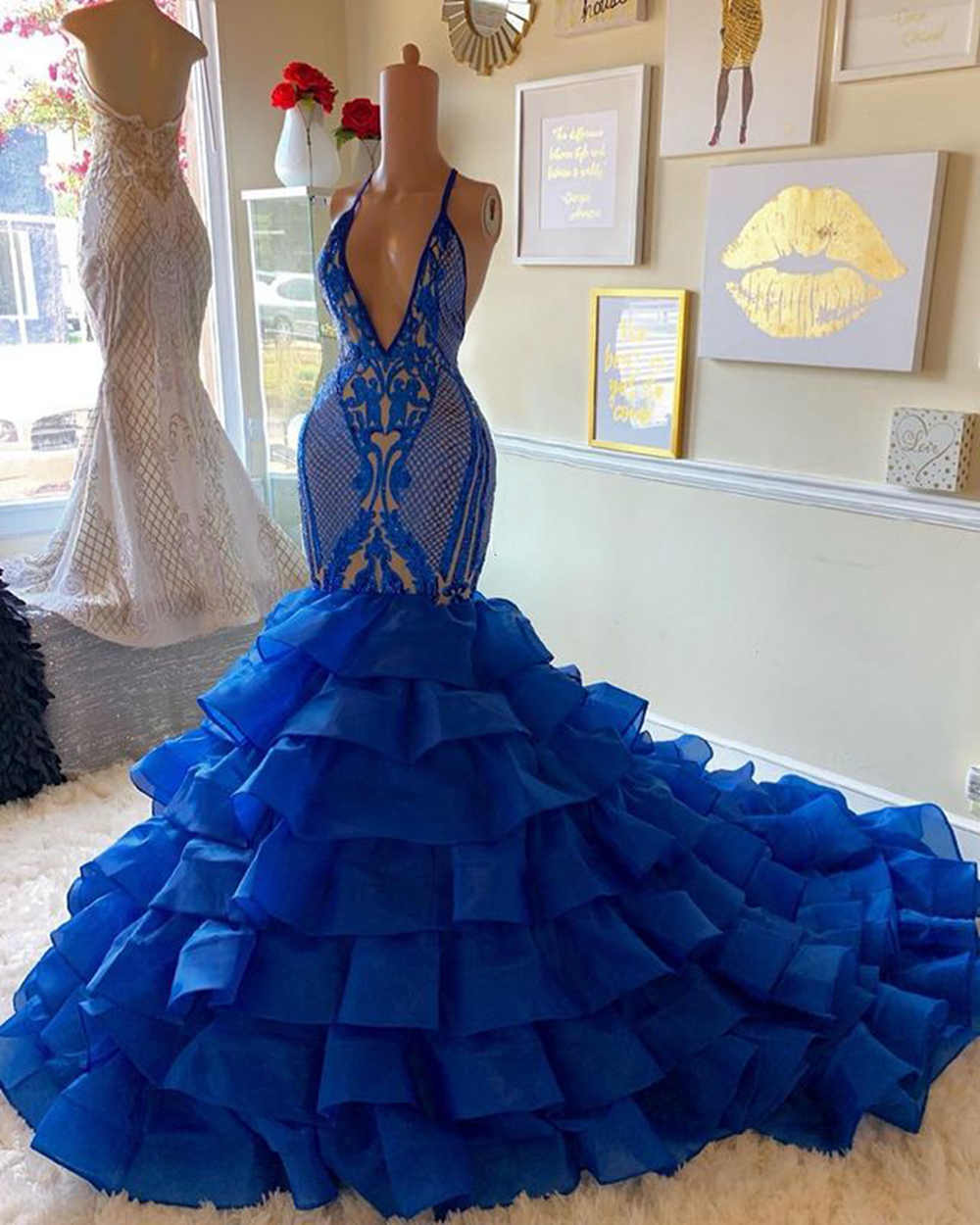 Royal Blue Prom Dress, Halter Prom Dress, Lace Applique Prom Dress, Mermaid Prom Dresses, Prom Dresses 2024, Tiered Prom Dress, Elegant Prom
