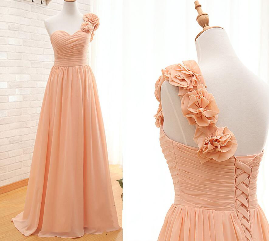 One Shoulder Prom Dress, Vestidos De Fiesta Para Bodas, Peach Prom Dress, A Line Prom Dress, Chiffon Prom Dresses, Handmade Flowers Prom Dresses,