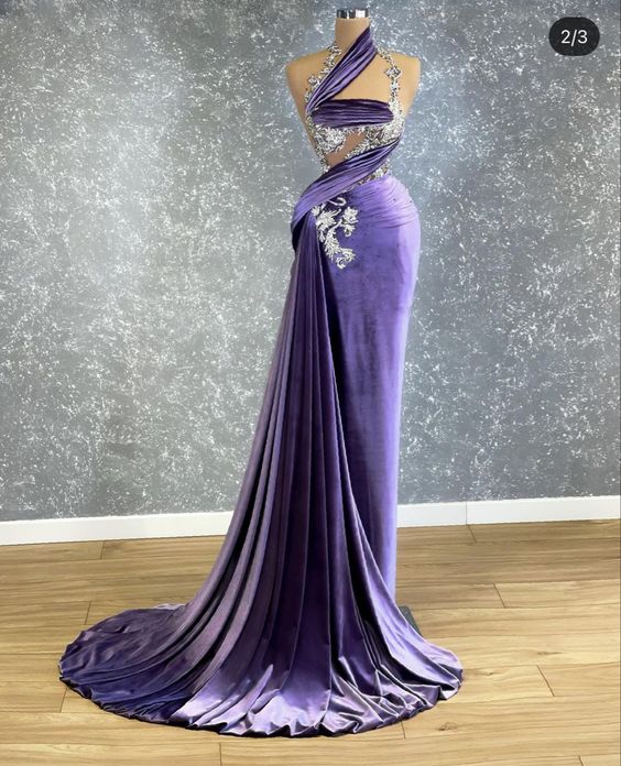 Vestidos Elegantes Para Mujer, Purple Prom Dresses, Mermaid Prom Dress, Velvet Prom Dress, Lace Applique Beaded Prom Dress, Custom Make Prom