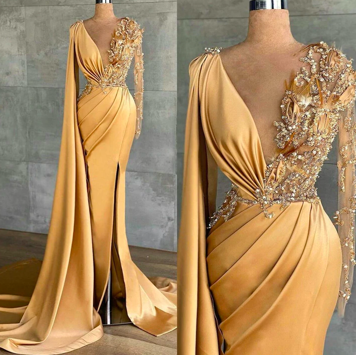 Abendkleider 2024, Custom Make Prom Dresses, Mermaid Prom Dresses, Gold Formal Dress, Elegant Evening Dresses, Lace Applique Prom Dresses, Beaded