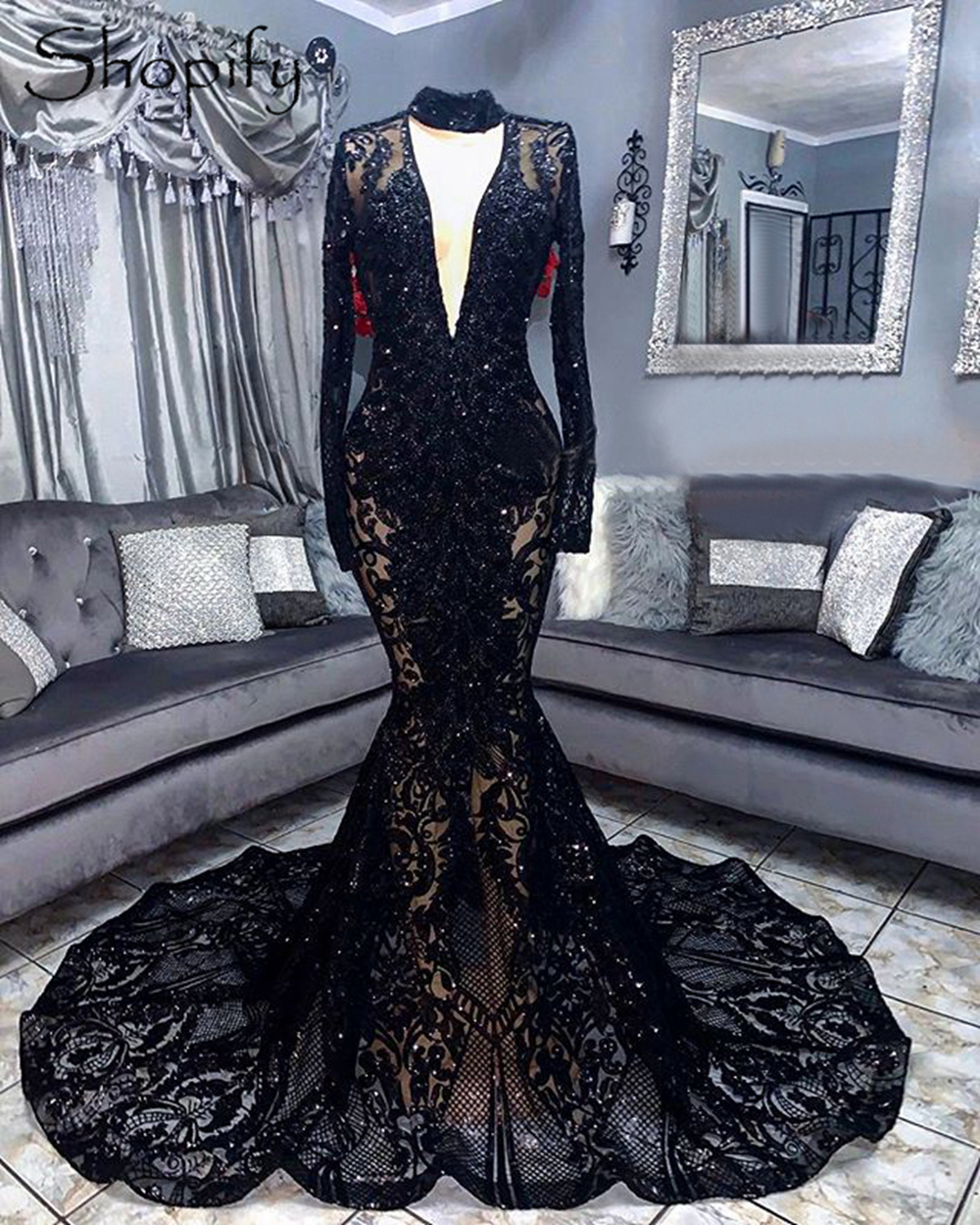 YESIDO Bridal Chic Gold Applique Prom Dress, High Neck Prom Dress, Vintage Prom Dresses, Prom Dresses 2022, 2023 Prom Dresses, Mermaid Prom Dresses, Vestidos de