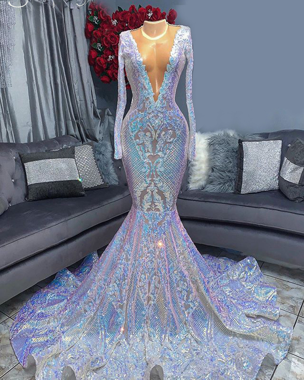 YESIDO Bridal Chic Gold Applique Prom Dress, High Neck Prom Dress, Vintage Prom Dresses, Prom Dresses 2022, 2023 Prom Dresses, Mermaid Prom Dresses, Vestidos de