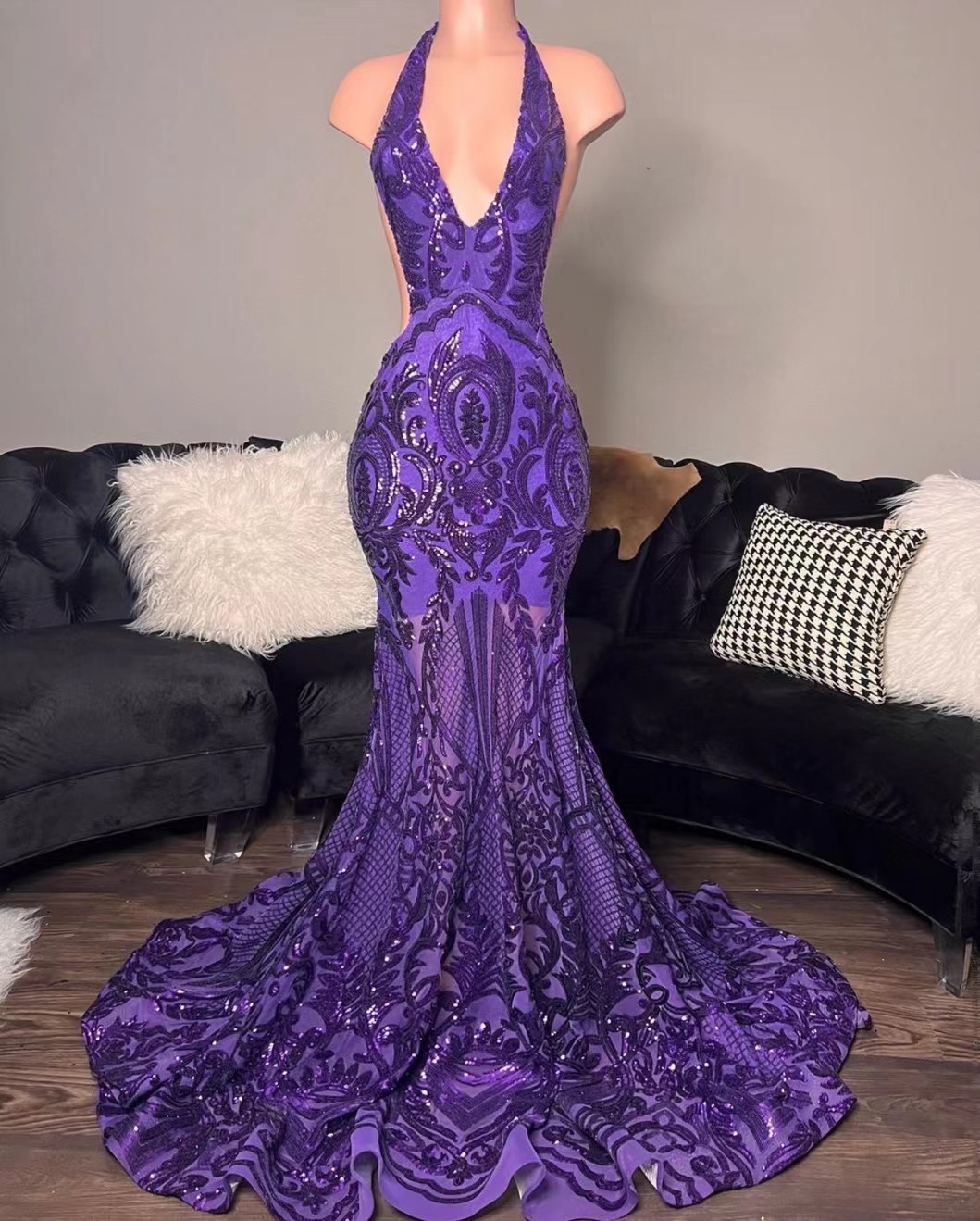 Purple Prom Dresses, Mermaid Prom Dresses, Custom Make Evening Dresses, Fashion Prom Dresses, Halter Prom Dresses, Sparkly Formal Dresses,