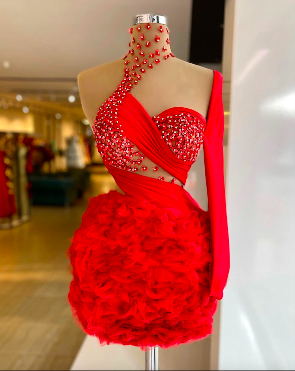 Cocktail Party Dress, Red Prom Dresses, Beaded Prom Dresses, Short Prom Dresses, Tulle Prom Dresses, One Shoulder Prom Dress, Homecoming Dresses,