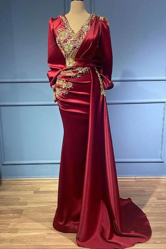 Red Prom Dresses, Muslim Prom Dresses, Beaded Applique Prom Dress, Satin Dresses, Vestidos De Fiesta De Longo, A Line Prom Dresses, Long Sleeve