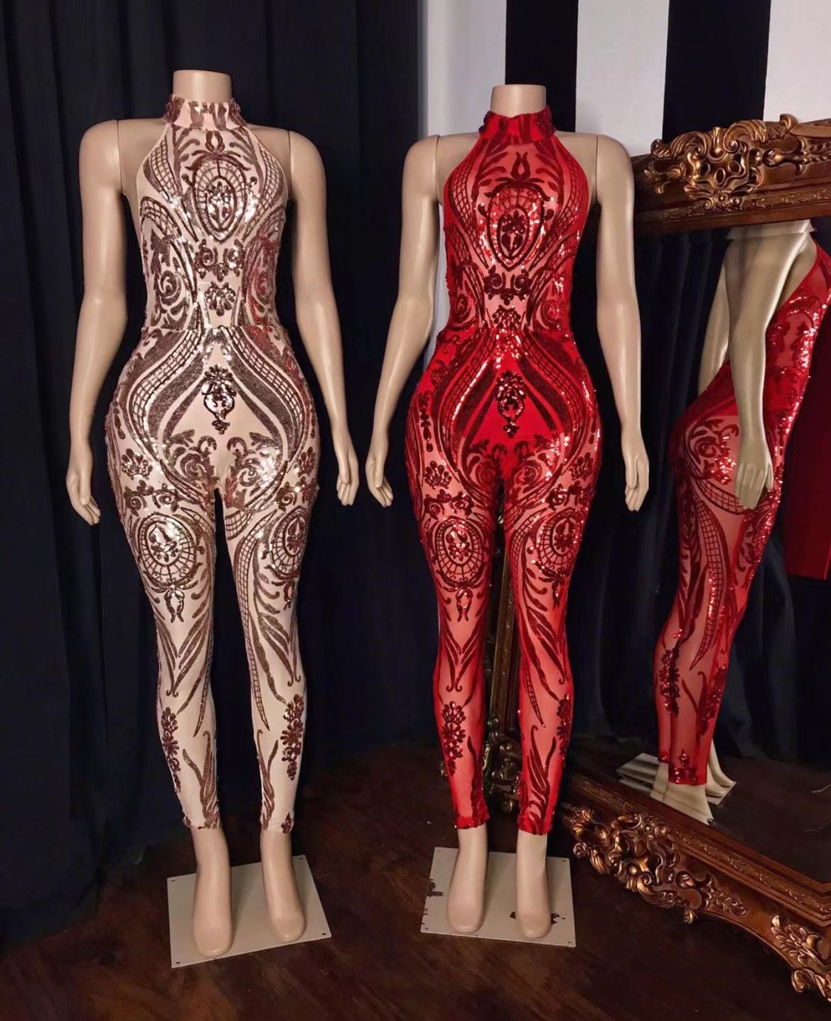Jumpsuit For Weddings, Sparkly Dresses For Black Girls, Rose Gold Outfit For Women, Formal Dresses, Pant Suit For Women, Red Sparkly Jumpsuit,