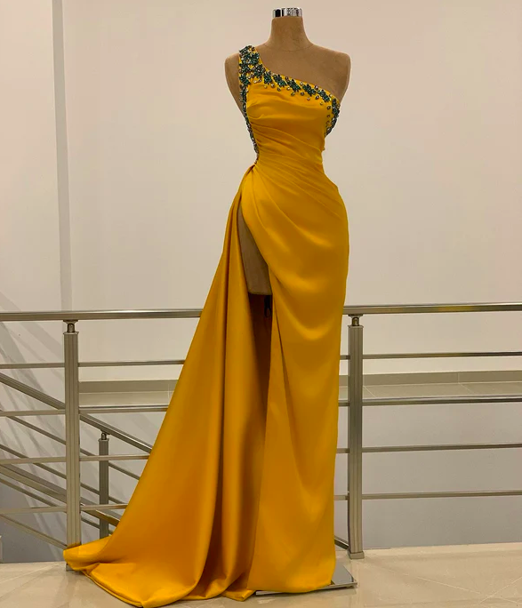 Yellow Prom Dresses, One Shoulder Prom Dresses, Abendkleider 2022, Beaded Prom Dresses, Custom Make Prom Dresses, Simple Prom Dresses, Prom
