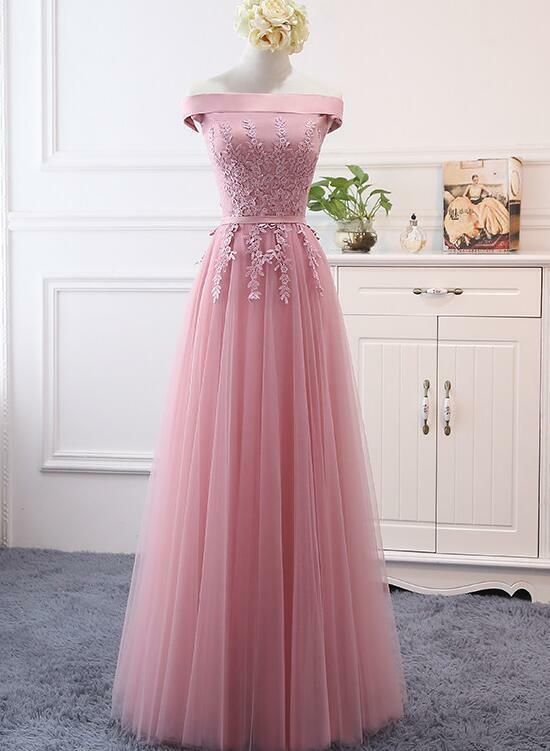 Rose Pink Prom Dresses, Boat Neck Prom Dresses, Tulle Prom Dresses, Lace Applique Prom Dresses, Prom Gown, A Line Prom Dresses, Abendkleider,