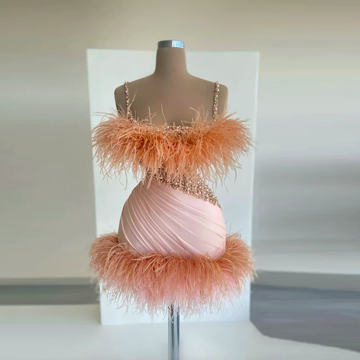 Sexy Party Dresses, Cocktail Dresses, Peach Evening Dress, Evening Dresses Short, Beaded Prom Dresses, Feather Evening Dress, Luxury Evening