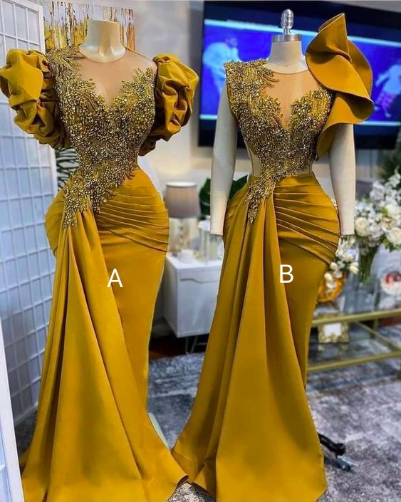 Lace Applique Evening Dresses, Robe De Soiree Femme, Beaded Evening Dress, Mermaid Evening Dresses, Mustard Evening Dress, African Evening