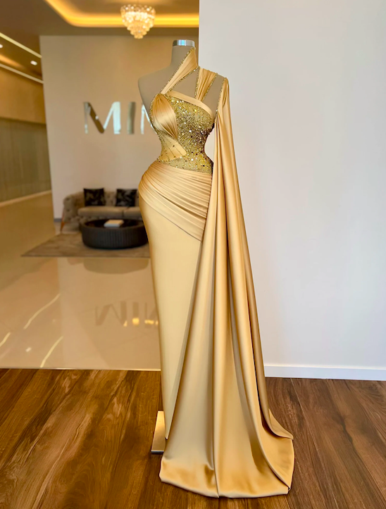 Gold Evening Dresses, One Shoulder Evening Dresses, Dubai Fashion Women Dresses, Beaded Evening Dresses, Vestido De Noche, Robe De Soiree Femme,