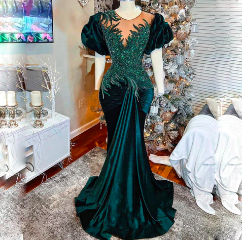 Green Evening Dresses, Luxury Evening Dress, Robe De Soiree Femme, Beaded Applique Formal Party Dresses, Cocktail Dresses, African Evening