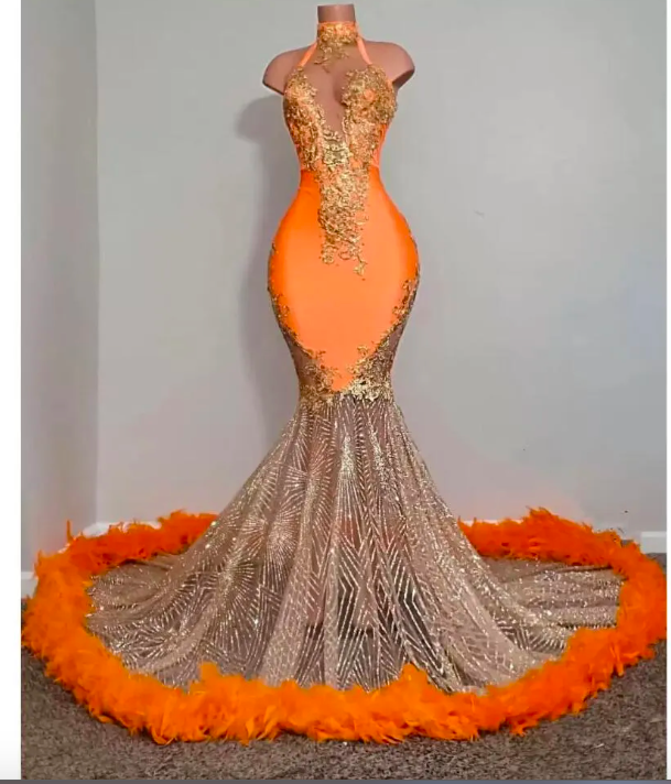 Robe De Soiree, High Neck Prom Dresses, Orange Prom Dresses, Gorgeous Prom Dress, Sparkly Prom Dresses, Feather Fashion Evening Dresses, Sexy