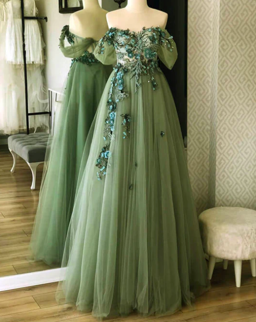 Robes De Bal, Olive Green Prom Dresses, Off The Shoulder Prom Dress, Vestidos De Graduacion, Embrodiery Applique Prom Dresses, Vestidos De