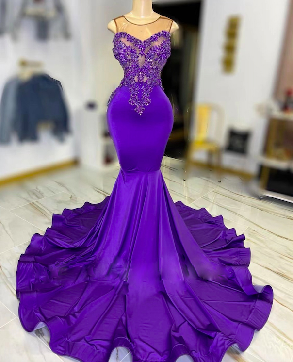 Purple Prom Dresses, Sheer Crew Neck Prom Dresses, Fashion Evening Dresses, Mermaid Prom Dresses, Vestidos De Graduacion, Beaded Prom Dresses,