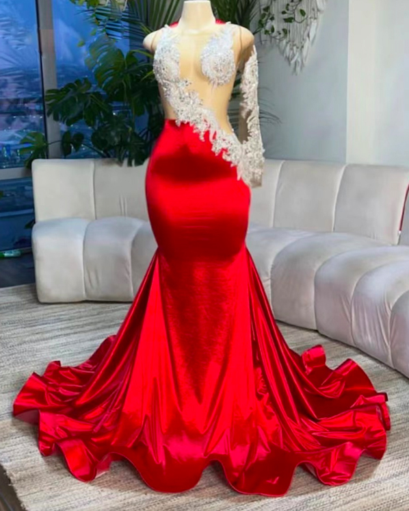 Plus Size Sheer Lace Red Fishtail Prom Dress With Beaded Applique