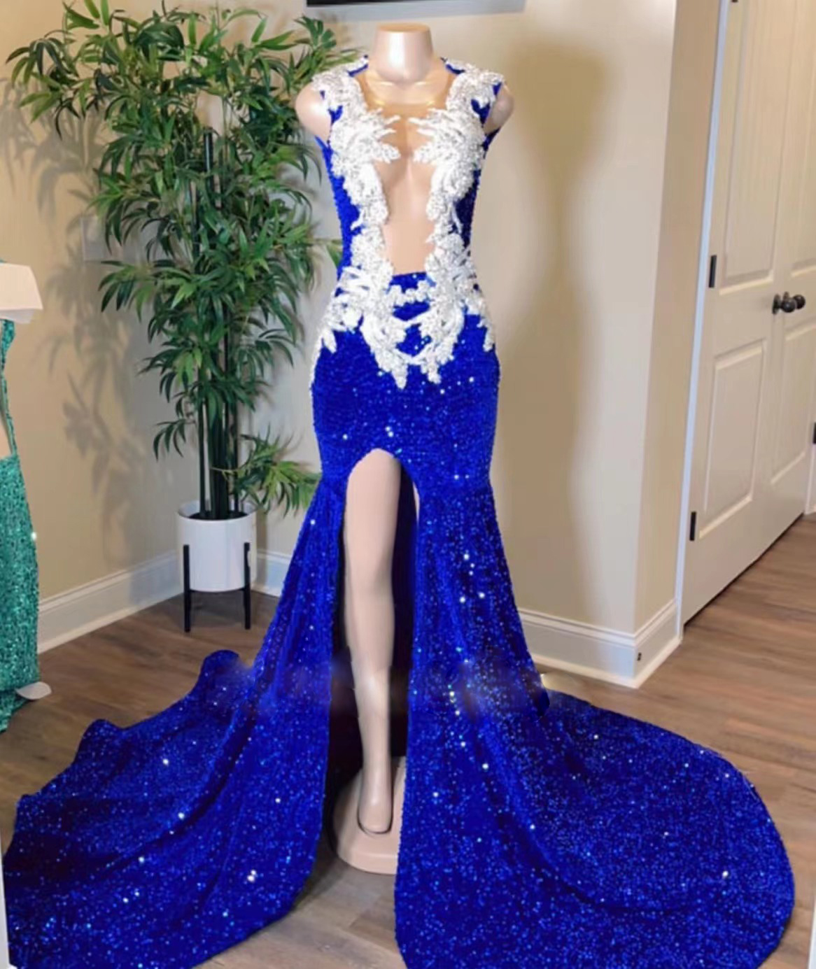 Sexy Party Dresses, Glitter Prom Dresses With Side Slit, Lace Applique Formal Dresses, Royal Blue Prom Dresses, African Evening Dresses, Custom