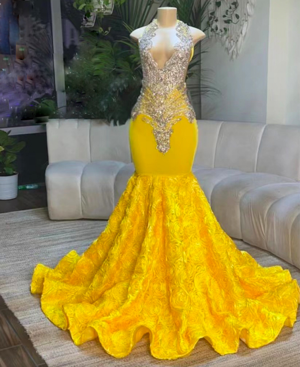 Yellow Prom Dresses, Vestidos De Fiesta, Luxury Prom Dresses, Crystals Prom Dresses, Floral Evening Dresses, Halter Evening Dress, Cocktail
