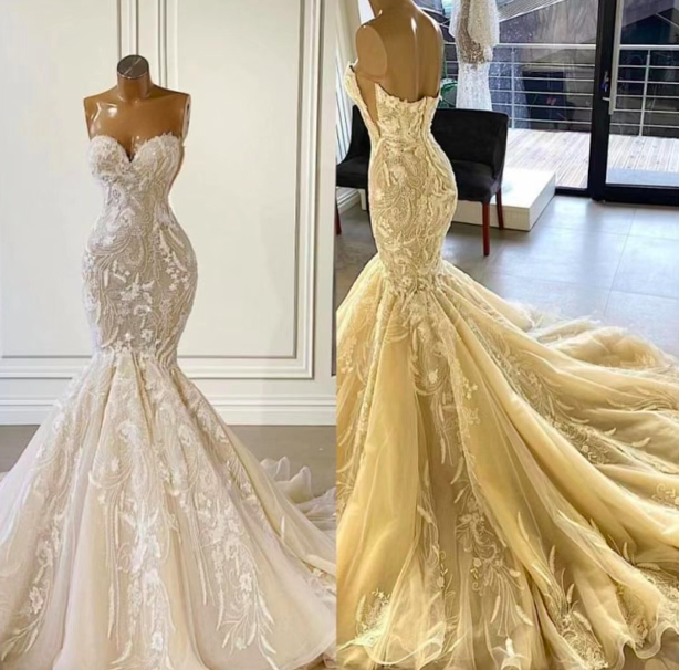 Champagne Wedding Dresses, Mermaid Wedding Dresses, Lace Applique Wedding Dress, Bridal Dresses, Robe De Mariee, Elegant Wedding Dresses,