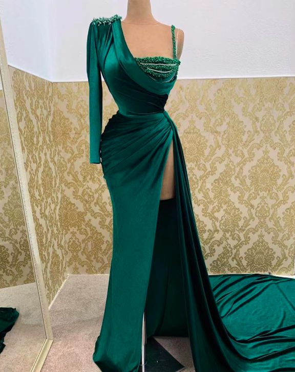 One Shoulder Prom Dresses, Emerald Green Prom Dresses, Beaded Evening Dress, Custom Prom Dresses, Evening Gown For Women, Velvet Party Dresses,