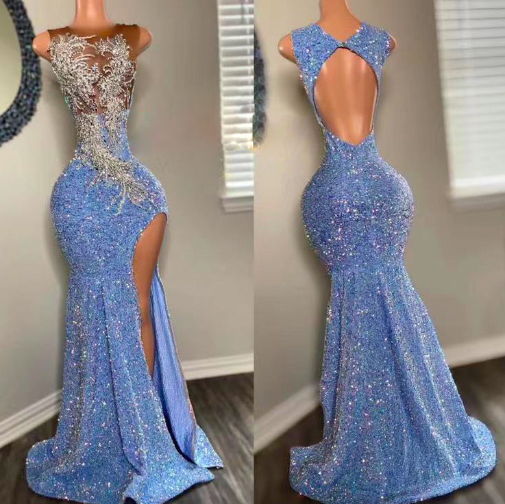Blue Prom Dresses, Sleeveless Evening Dresses, Glitter Prom Dresses, Silver Beaded Applique Formal Dresses, Backless Formal Dresses, Custom Prom