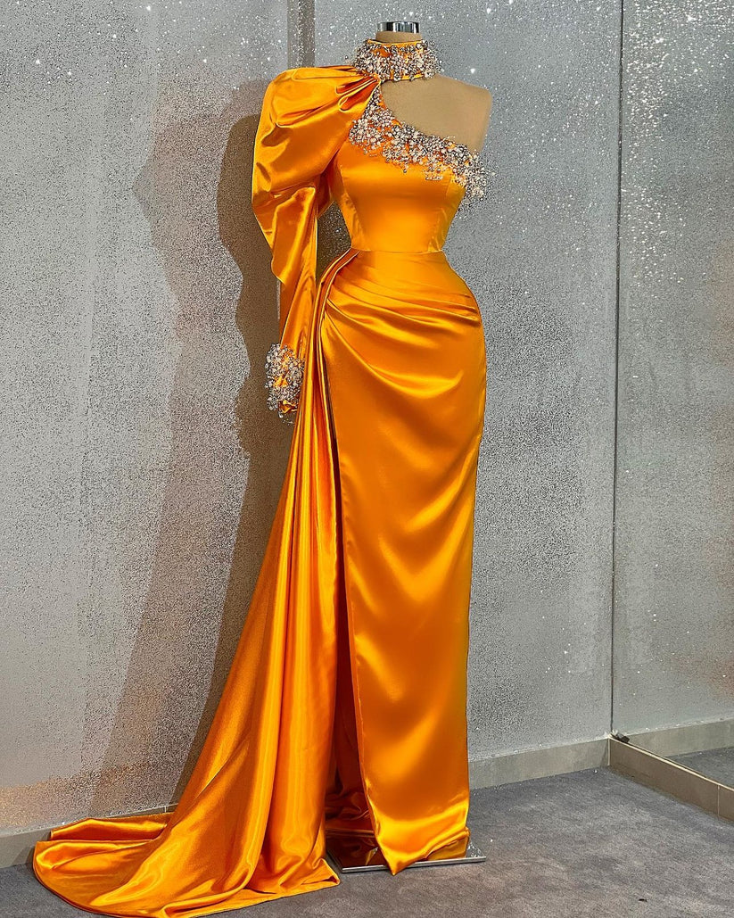 Orange Prom Dresses, Dubai Fashion Evening Dresses, Elegant Prom Dresses, One Shoulder Prom Dresses With Sleeve, Beaded Prom Dress, Formal