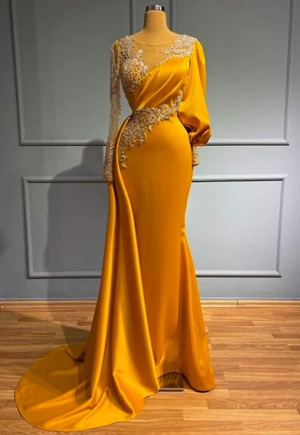 Arabic Prom Dresses, Lace Applique Prom Dresses, Vestidos De Gala, Yellow Prom Dresses, Abendkleider, 2024 Prom Dresses, Long Sleeve Prom