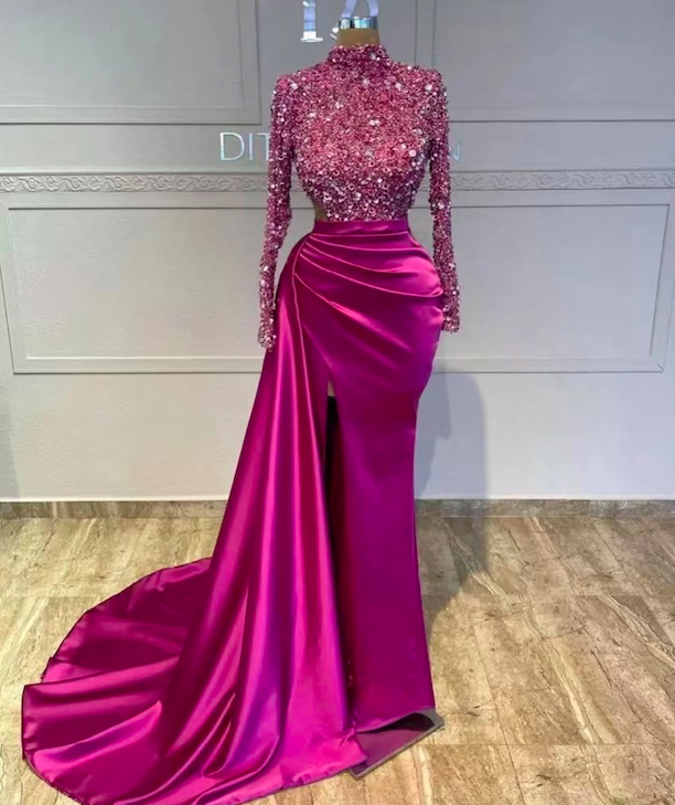 Pink Prom Dresses, Arabic Prom Dresses, High Neck Evening Dresses, Formal Occasion Dresses, Vestidos De Gala, Sparkly Sequined Prom Dresses,