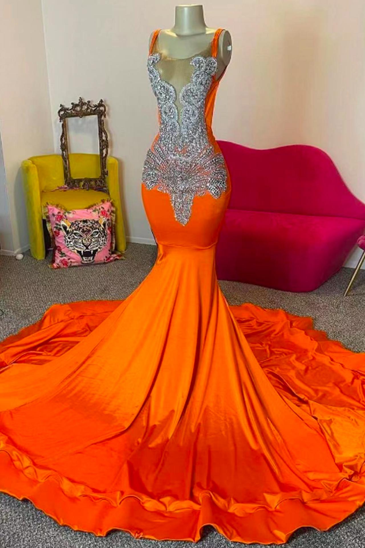Crystals Prom Dresses, Orange Prom Dresses, Mermaid Evening Dresses, 2024 Prom Dresses, Diamonds Fashion Party Dresses, Formal Occasion